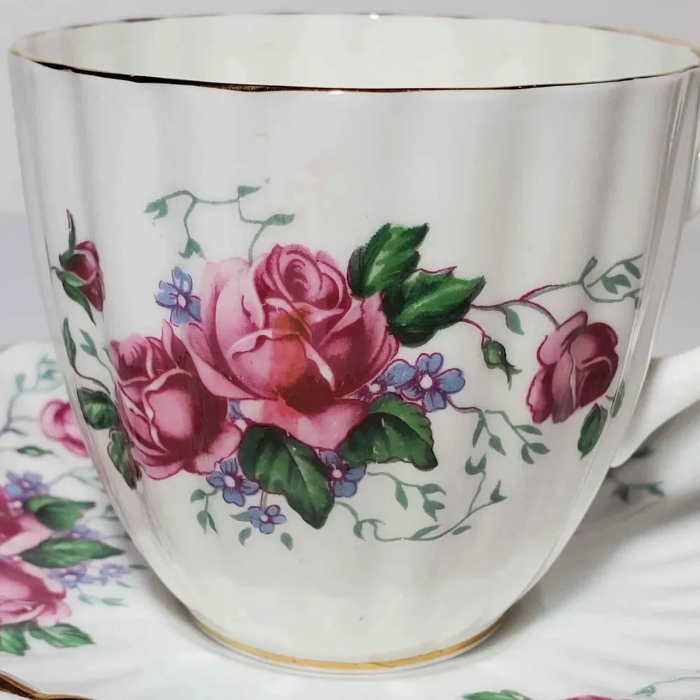 English Castle Teacup and Saucer Pink Roses Vintage